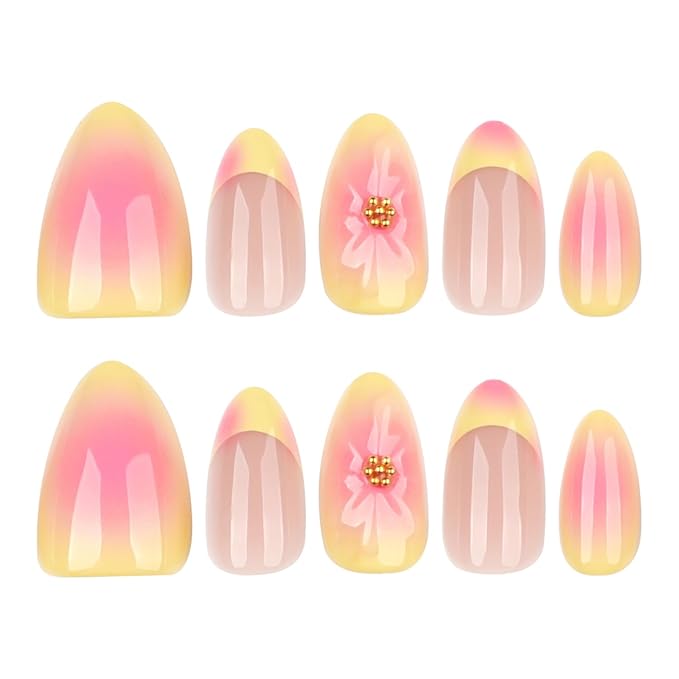 24Pcs French Tip Press on Nails with 3D Flower Fake Nails French Yellow, Sweet and Cool Manicure Press on Cute Stick on Nails Short Gradient Glossy Acrylic Nails Kit for Women Daily Wear