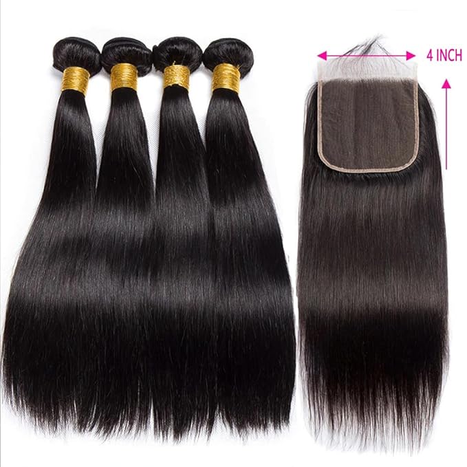 4 Bundles with Closure Human Hair Straight Bundles Human Hair for Black Woman (16 18 20 22+14 Closure) Sew In Hair Extensions Real Human Hair Glossy Hair Bundles Double Weft Black Color