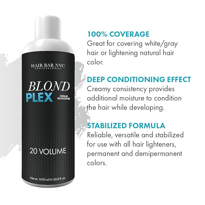 HAIR BAR NYC 20 Volume - Blond Plex Anti-Yellow Porfessional Lightening System for Charcoal Hair Bleach - Violet Developer with Plex, Reduce Brassy, Eliminates Orange Tones 33.8oz/1lt
