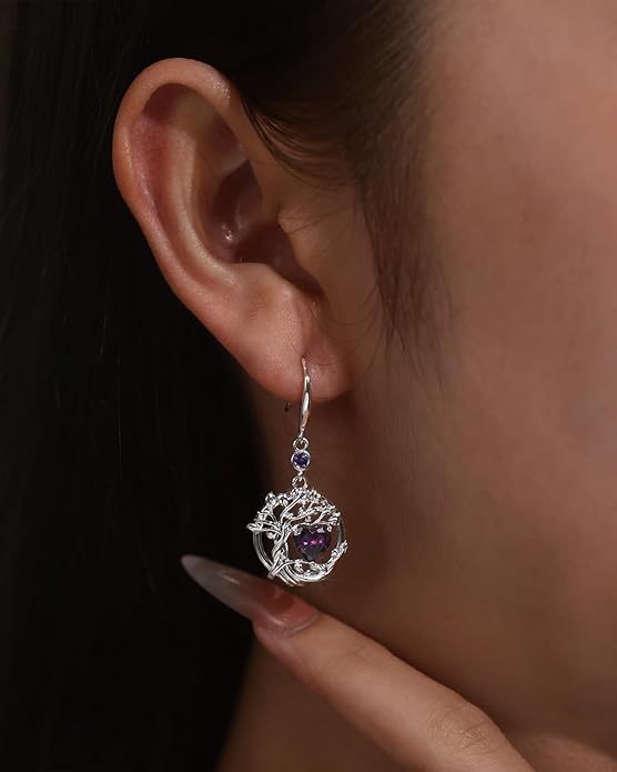 FANCIME Tree of Life Dangle Drop Earrings 925 Sterling Silver Dainty Round Gemstone Birthstone Earring Fine Jewelry Birthday Christmas Gifts for Her Women