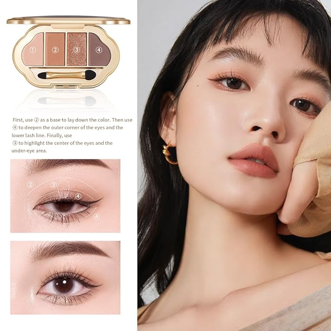 Nude Eyeshadow Palette 4 Colors, earth caramel Matte & Shimmer Neutral Shades, Highly Pigmented Blendable Long-Lasting Powder, Smooth No-Fallout Daily Eye Makeup Palette and Natural Look-B02#