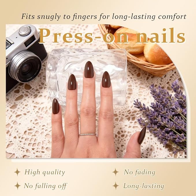 evpct Dark Brown Glossy Press on Nails Short Almond, Glossy Fake Nail Stick on Nail for Women Gift with Kit, Salon Quality Soft Gel Stick on Acrylic False Nails Reusable Full Cover for Women Manicure