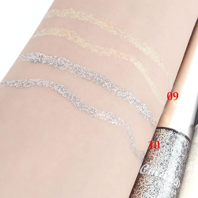 evpct 2Pcs Pearl White Silver Color Liquid Glitter Eyeliner Liners Sets for Women Liquid Sparkly Glitter Eyeliner delineador con glitter de colores para ojos colores 09+10
