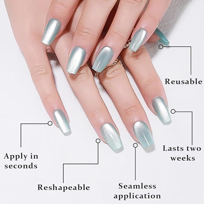 evpct Cat Eye Coffin Press on Nails Square Medium, Stick on Nails Medium Square for Women Gift, Teal Light Blue Green Metallic Glitter Glossy Gel Reusable Stick Acrylic Fake Press on Nail with Designs
