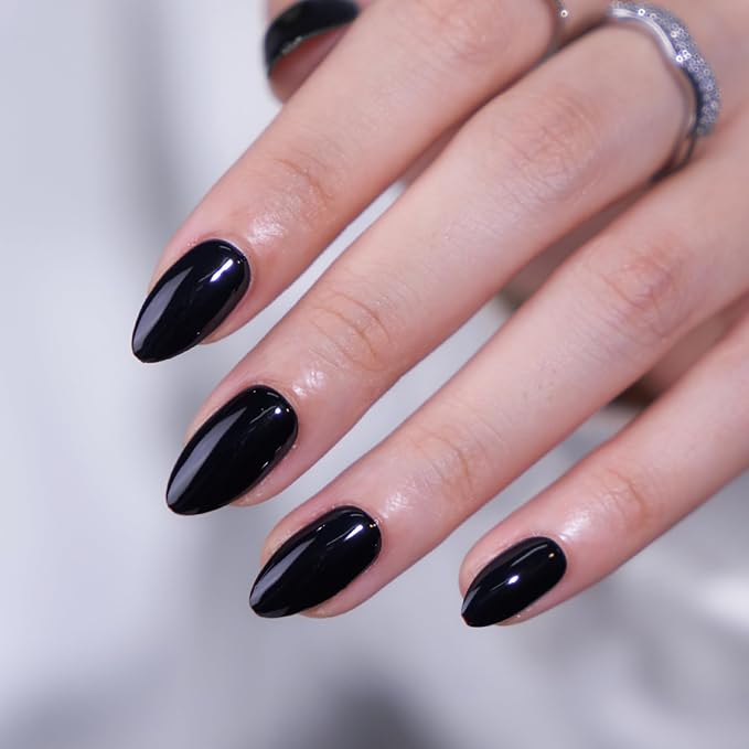 Black Press On Nails Almond - BTArtbox Short Press On Nails with Nail Glue, Fit Perfectly & Natural Reusable Stick On Nails in 16 Sizes - Soft Gel Glue On Nails Kit, Black Velvet