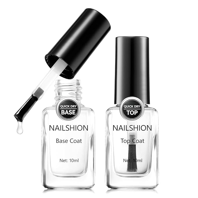 Nailshion Base Coat and Top Coat, Clear Regular Nail Polish, Rich in VE Calcium Quick Air Dry Nail Strengthening Non Gel, 2Pcs Vegan Base Chip Resistant High Shine Long-lasting Nail Art Gift Set