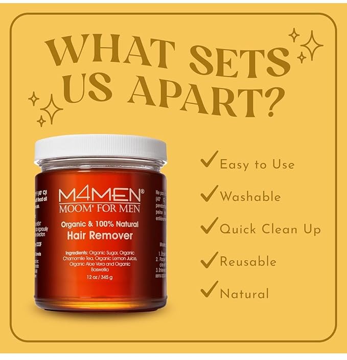 MOOM for Men Organic Hair Removal Kit, 12 oz Sugar Wax with 48 Reusable Fabric Strips, Natural Ingredients