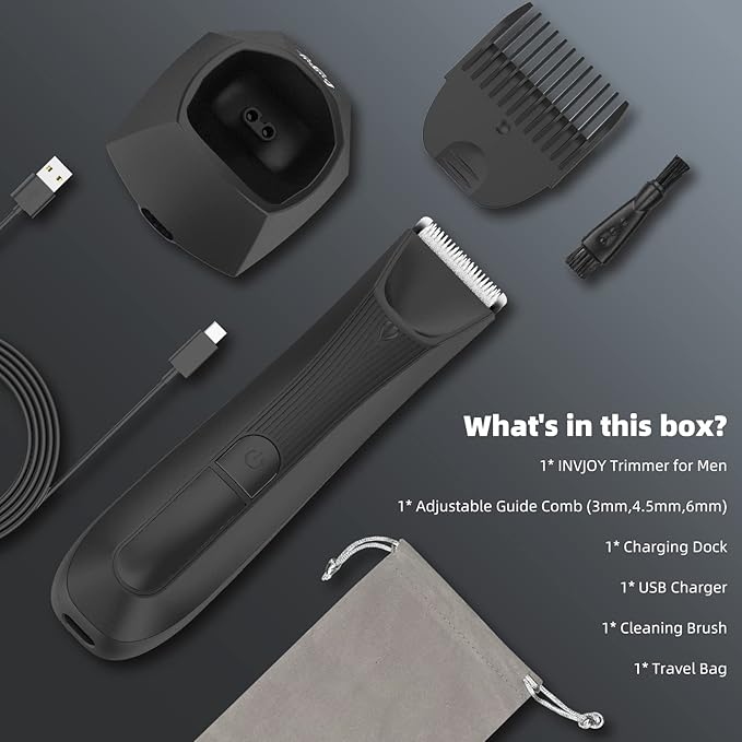 INVJOY Manscape Body & Pubic Hair Trimmer for Men w/Light - No Nick, No Cut, Balls Trimmer - No Razor Burn Groin, Body Groomer Shaver, IPX7 Waterproof Electric Razor w/Recharge Dock, Gift for Men Dad