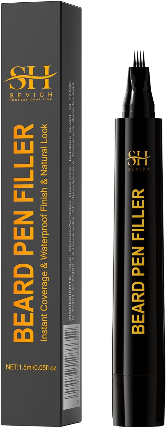 Sevich Beard Pencil Filler for Men Black, Instant Beard Dye for Men,48h Waterproof & Sweatproof, 4-Prong Tip for Seamless Application, Enhances All Beard Types with Fuller