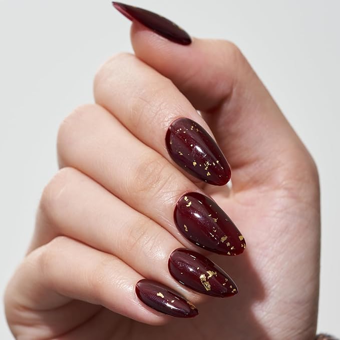 GLAMERMAID Burgundy Press on Nails Medium Almond, Deep Dark Red Glitter Hamdmade Gel False Nals, Stiletto Glue on Nails Kit for Women, Reusable Short Oval Emo Stick on Acrylic Fake Nails Manicure Set