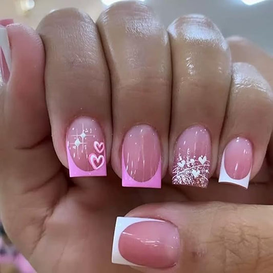 CTTHNBD Press on Nails Short Square Acrylic False Nails French Tip Heart Design Glitter Glossy Full Cover Stick on Nails 24Pcs
