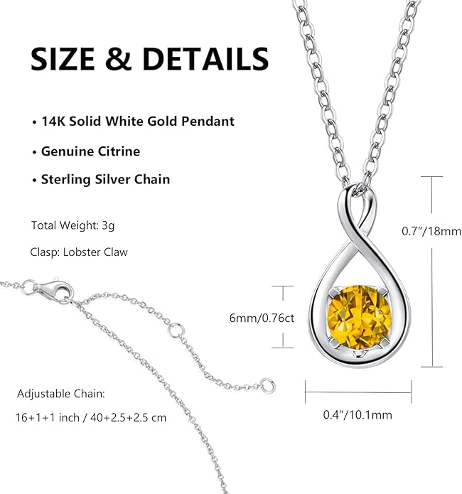 FANCIME 14K Solid Gold Birthstone Pendant with Sterling Silver Chain Infinity Gemstone Necklace Fine Jewelry Anniversary Birthday Christmas Gifts for Women Wife Her