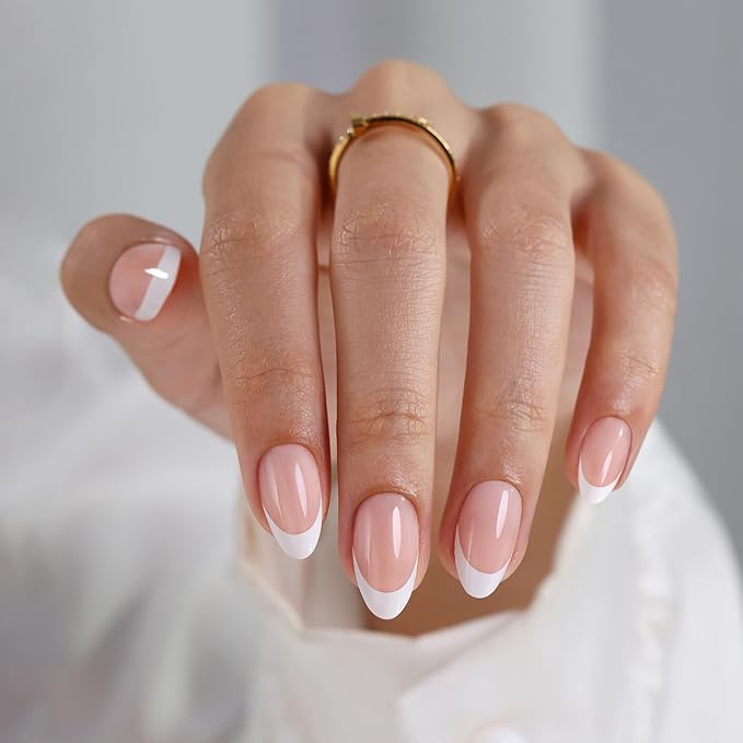 SHANGMENG White French Tip Press on Nails Short - Soft Gel Almond Nails for Women Gift, Fit Perfectly & Natural Glue on Nails in 16 Sizes - 32 Reusable Fake Nails with Glue, French White