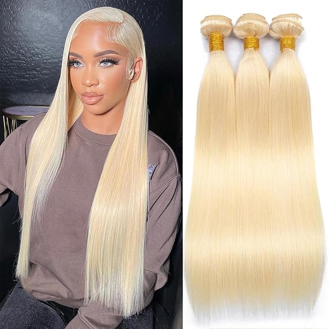 NJMNJM 613 Straight Bundles, Blonde Bundles Human Hair, 12A Brazilian Virgin 613 Straight Human Hair Bundle 22 24 26 Inch Double Weft