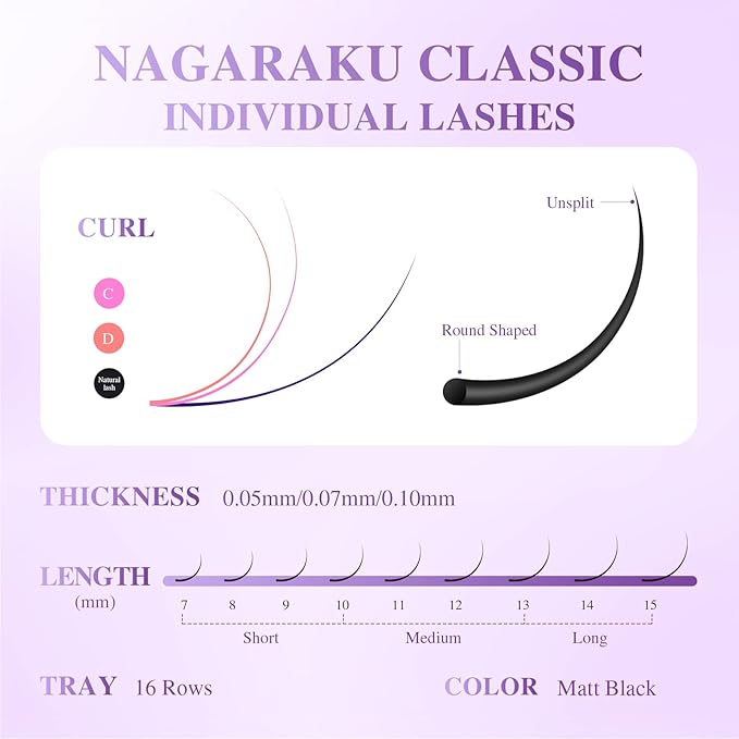 NAGARAKU Individual Eyelash Extensions, Volume & Classic Lashes 5th Generation Soft Natural Beauty Salon Professional Anti-rebound Single Lash Extension Supplies 16 Rows -0.07 D Curl 8mm