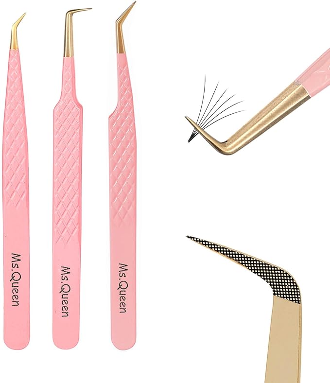 Ms.Queen Tweezers for Lash Extensions,Diamond Grip 3Pcs Fiber Tip 45 90 Degree Volume Eyelash Tweezers Set