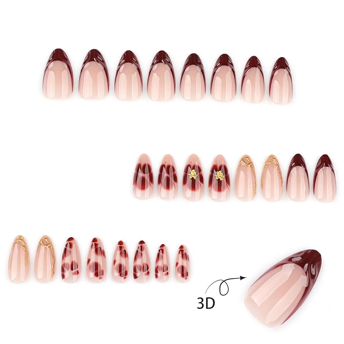 24pcs French Tip Press on Nails Medium Almond Fake Nail Brown French Nails Petals and Flowers Design Short Almond Nail Art False Nail Stick on Acrylic Nails for Women Daily Wear