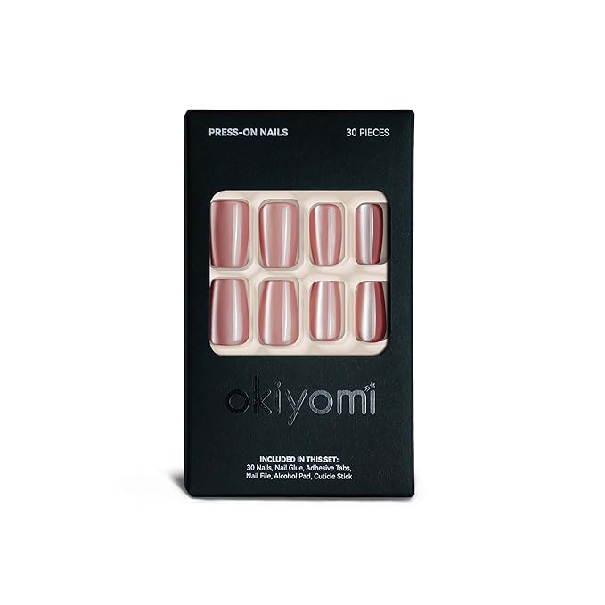 Okiyomi Pink Press on Nails - Pink Grapefruit Cat Eye Press on Nails | Magnetic Neutral Blush Shimmer - Medium Coffin Shape - 12 Sizes - 30 Soft Gel Fake Nails with Glue and Stick On Tabs