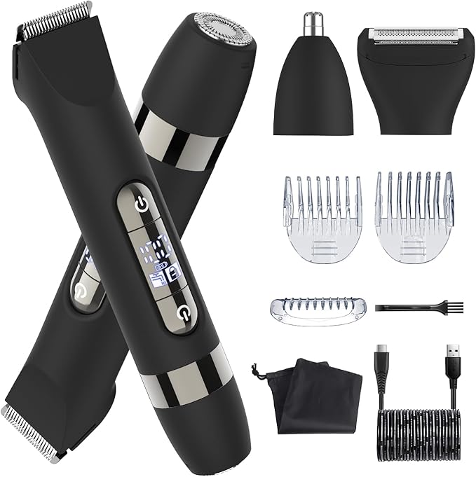 Hatteker 4 in 1 Multifunctional Dual - Head Body Hair Trimmer for Men, IPX7 Waterproof Groin & Body Hair Groomer, Rechargeable Body Electric Shaver Razor