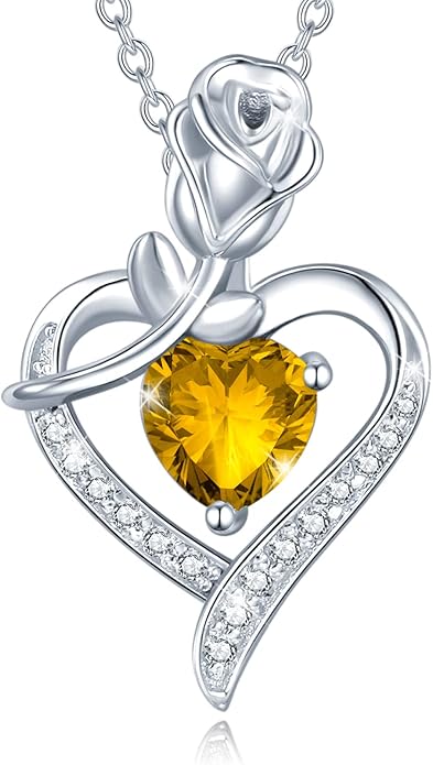 AGVANA Christmas Gifts Rosy Reverie Birthstone Necklace for Women Sterling Silver Genuine or Created Gemstone Rose Flower Heart Pendant Necklace Anniversary Birthday Gifts for Women Mom Wife Her