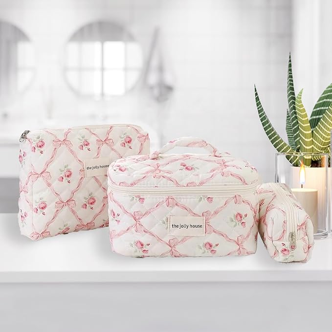 LAKSMI 3PCS Cotton Quilted Floral Makeup Bag Set for Women, Cute Make Up Bags with Brush Pockets, Large Wide-Open Toiletry Pouch Gifts for Toiletries Accessories Travelling Essentials