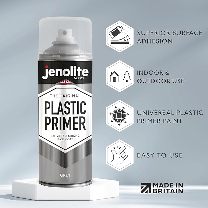 JENOLITE Plastic Primer Spray - GREY - Strong Adhesion Spray Paint Primer for Indoor and Outdoor Use On Hard Plastic Surfaces - 400ml (13.5fl oz)