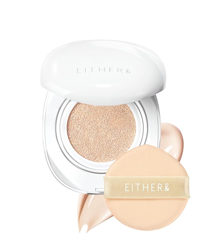 EITHER& Glow Pixel Cushion Foundation, Skincare Formula, Dewy Glass Skin, Lightweight & Long-Lasting 100H Wear, Buildable Hydrating Korean Cushion (17P Porcelain, 12g)