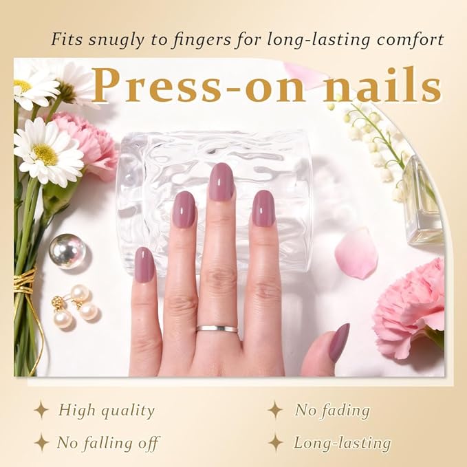 evpct Mauve Real Short Oval Press on Nails for Women, Extra Short Glossy Mauve Fake Nail Salon Quality with Nail Kit Set Kit, Soft Gel Full Cover Reusable Stick on Acrylic False Nails Perfectly Fit