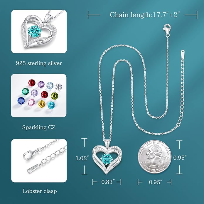 CDE Forever Love Heart Necklaces for Women, Wedding Anniversary, Birthday Mothers Day Christmas Day Gifts for Mom, Mother, Wife, friend, S925 Silver Jewelry with Birthstone Pendant