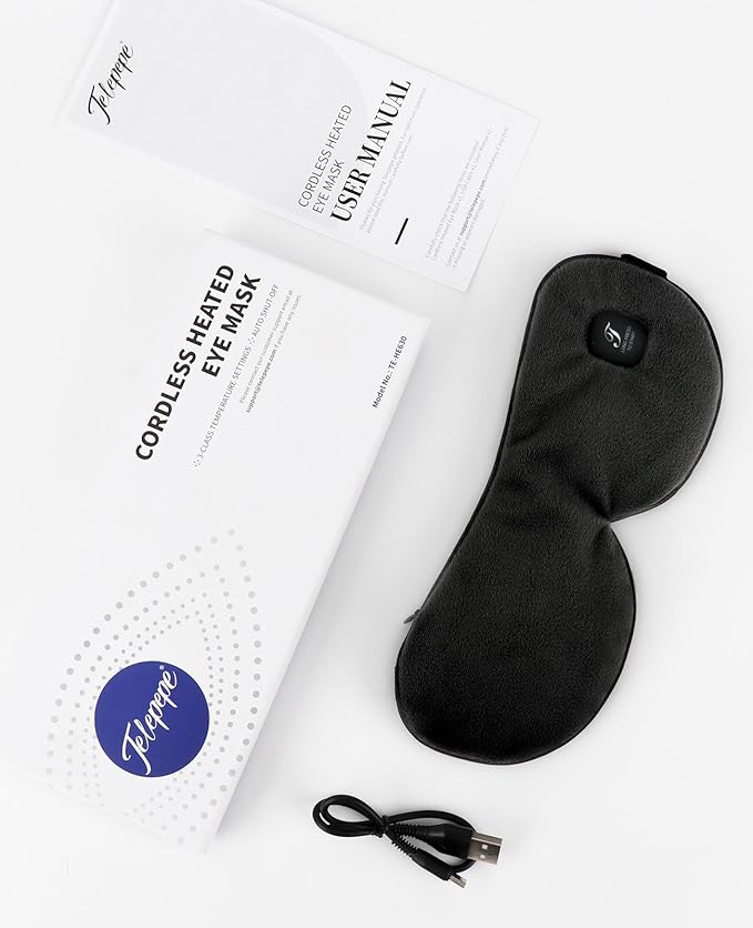 Heated Eye Mask, Cordless Warm Eye Compress for Dry Eyes Blepharitis, Light Blocking Heat Eye Mask for Men Women, 1000mAh Rechargeable Battery and Washable Cover (Black)