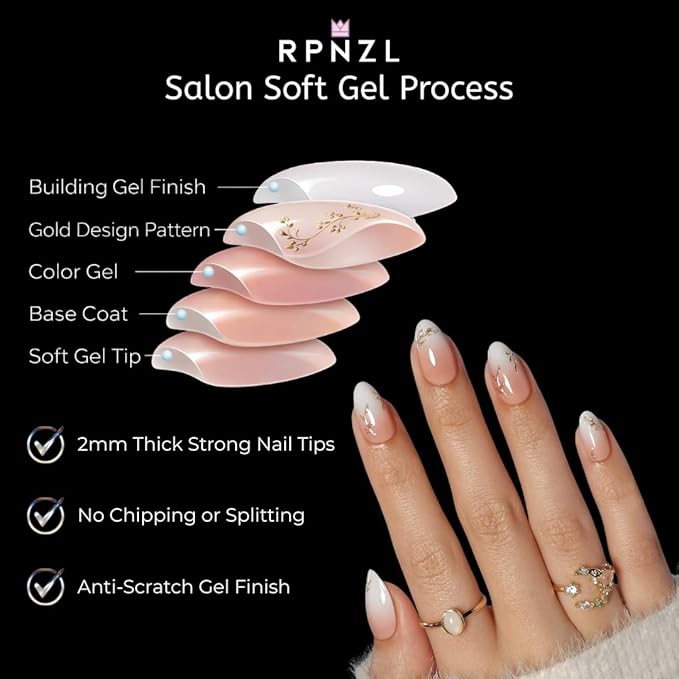 RPNZL Press On Nails - Athena | Ombre French Tip With 3D Gold Design, UV Finish Medium Almond Nails, Salon Quality | 32 Nails, 16 Sizes Kit with Glue and Adhesive Tabs I Female Founded