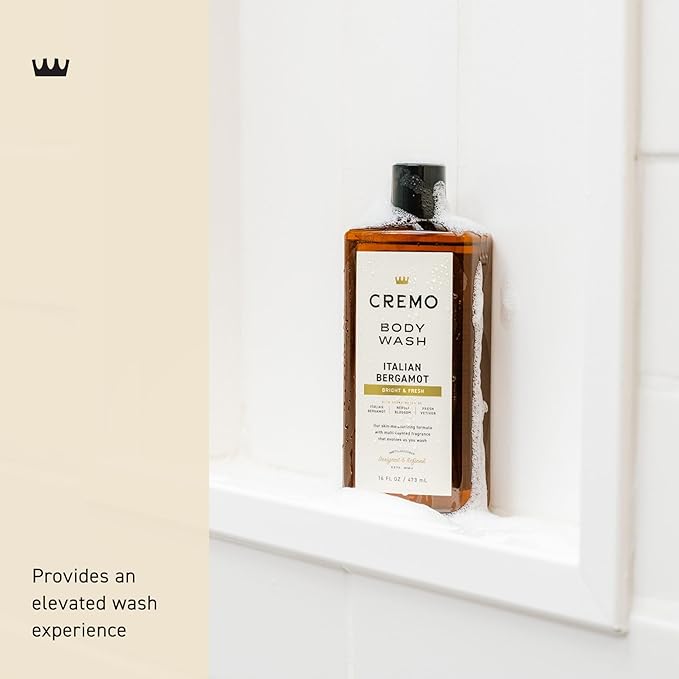 Cremo Body Wash Men, Notes of Italian Bergamot, Neroli Blossom, and Fresh Vetiver, Rich-Lathering Italian Bergamot, 16 Fl Oz