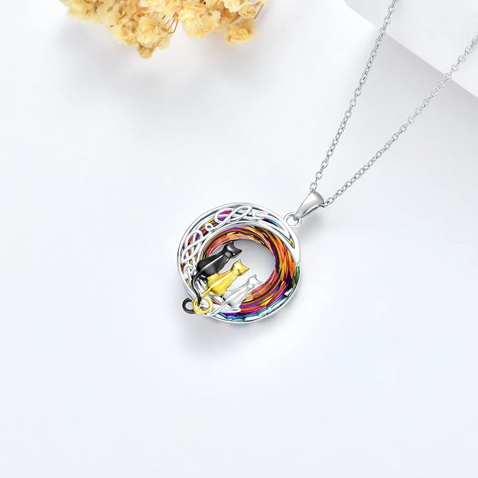 TOUPOP Cat Gifts for Cat Lovers One Two Three Four Cats Necklace Sterling Silver Cats on the Moon Pendant Necklace with Blue Circle Crystal Birthday Christmas Celtic Jewelry Gifts for Women