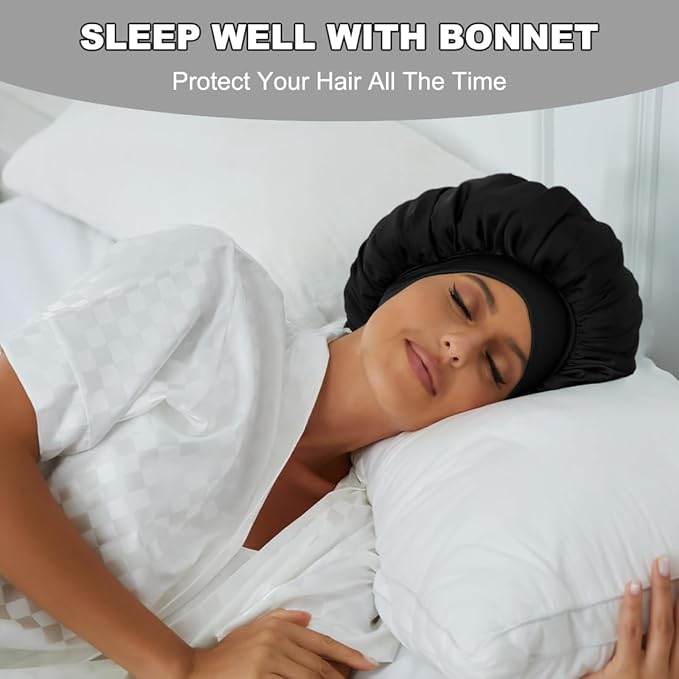 2PCS Silk Bonnet for Sleeping Women, Satin Bonnet for Sleeping with Soft Elastic Band, Silk Hair Bonnets for Women Curly Hair