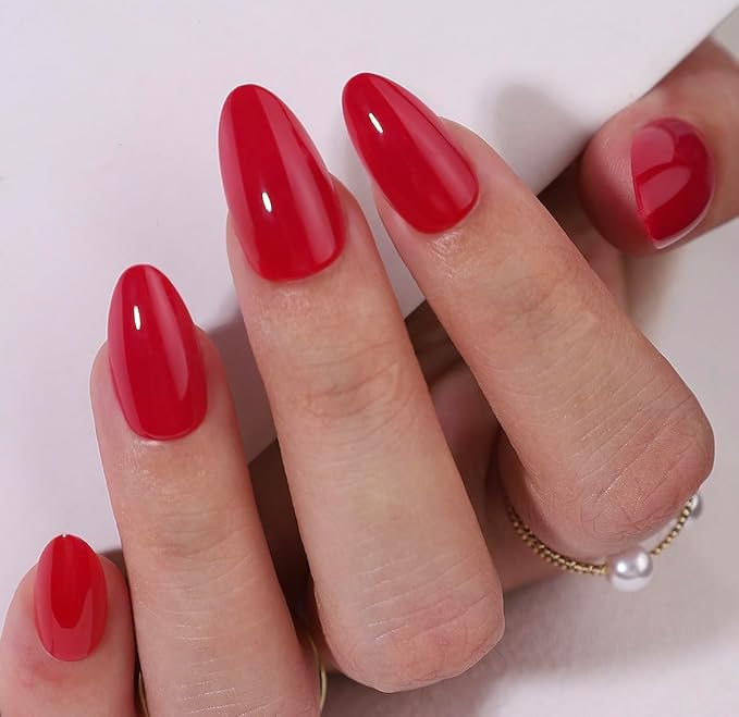 RPNZL Press On Nails - Cherry Bomb | Opaque Bright Red Medium Almond Fake Nails, Salon Quality - 32 Nails, 16 Sizes Kit with Glue and Adhesive Tabs I Female Founded