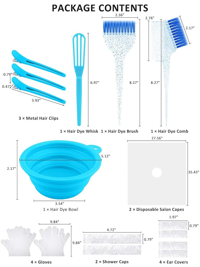 YOOVR 19PCS Hair Bleach Dye Kit with Hair Dye Brush and Bowl Whisk Hair Clips Protective Gear Set, Ideal for Hair Bleaching Coloring Highlighting, Essential Salon Supplies for Home Use (Blue)