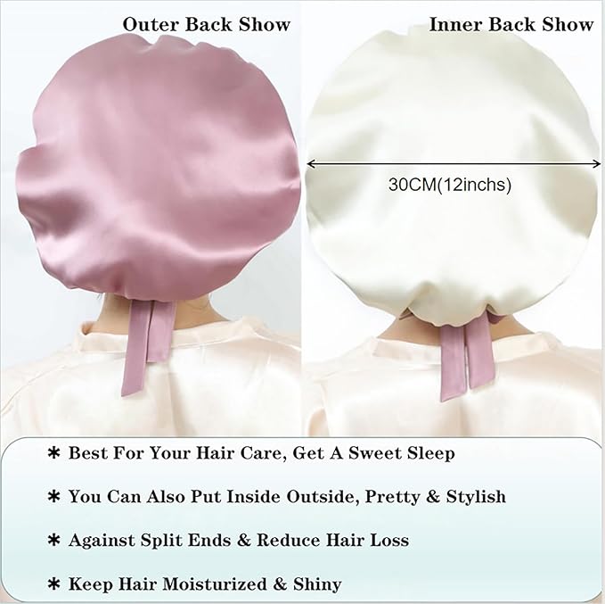 Cocheng 100% Mulberry Silk Bonnet Double-Sided Sleep Cap with Adjustable Ribbon 19 Momme Silk Bonnet for Sleeping (Bean Pink)