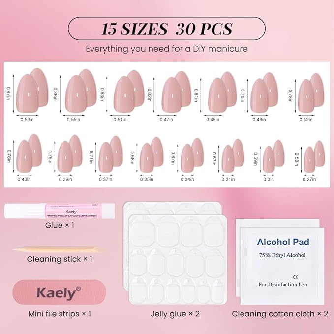 evpct Glossy Press on Nails Short Almond Short for Women, Nuetral Pink Fake Nail with Kits Salon Quality Reusable Stick on Nails In 15 Sizes 30Pcs Full Cover False Nail Soft Gel Set Kit for Gift, 11