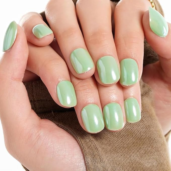GLAMERMAID Light Green Extra Short Press on Nails, Chrome Fake Nails Short Squoval, Glazed Handmade Soft Jelly Gel Square Glue on Nails, Pure Green Acrylic False Nail, Glossy Round Fake Nail for Women