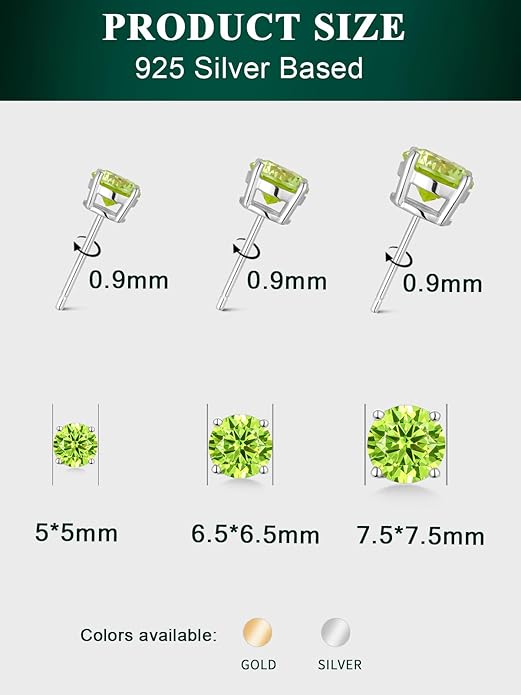 Wyyxl Peridot Earrings 14K Gold Plated Sterling Silver August Birthstone Earrings for Men Women Hypoallergenic Round Cut 1-6 Carat Peridot Jewelry Party Everyday Wear