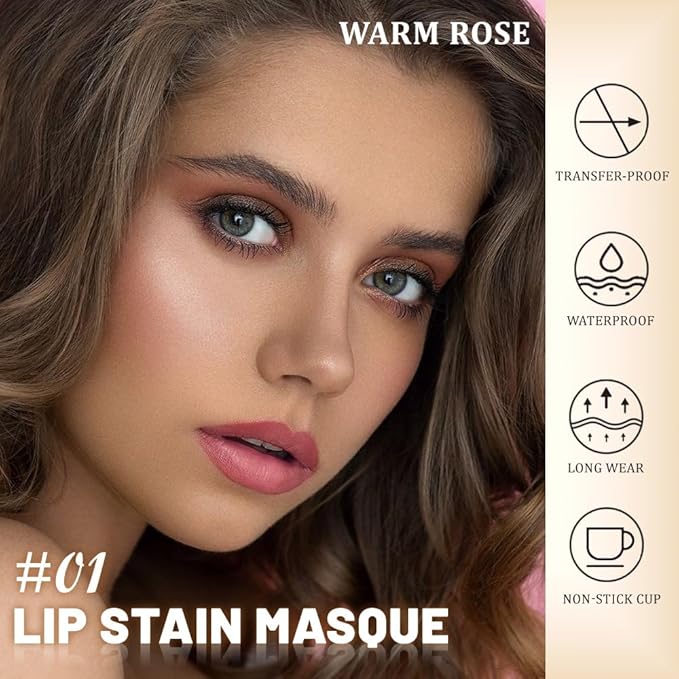 evpct Warm Rose Peel Off Lip Stain Tints with Tweezer, Matte Lipstick Lip Stain Gloss Long Lasting Waterproof for Women, Non-stick Cup Lipstick Peel Off High Pigmented 24 Hrs Original Lips Stains, 01