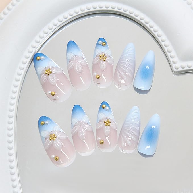 JONKASIPA Almond Press on Nails 3D Flower Stick on Nails French False Nails Acrylic Nails Glossy Artificial Nails Full Cover Glue on Nails for Women 24Pcs