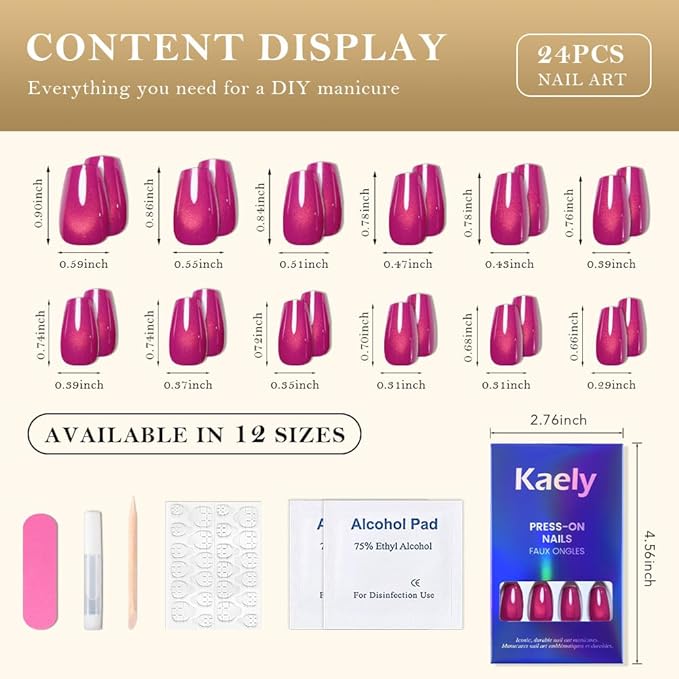 evpct Purple Red Cat Eye Coffin Press on Nails Square Medium, Medium Square Stick on Nail for Women, Purple Red Metallic Glitter Glossy Reusable Summer Soft Gel Press on Acrylic Fake Nail with Designs