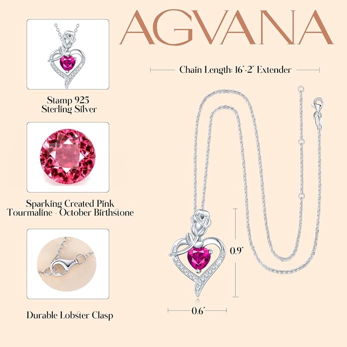 AGVANA Christmas Gifts Rosy Reverie Birthstone Necklace for Women Sterling Silver Genuine or Created Gemstone Rose Flower Heart Pendant Necklace Anniversary Birthday Gifts for Women Mom Wife Her