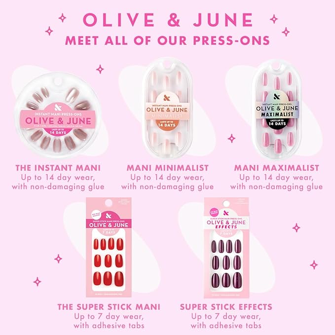 Olive & June Instant Mani Press-On Nails | (Glue) Medium, Oval 42 Fake Nails, 21 Sizes | Non-Toxic, Long-Lasting Recycled Materials Realistic Look | Salon-Quality at Home | Iridescent Pink