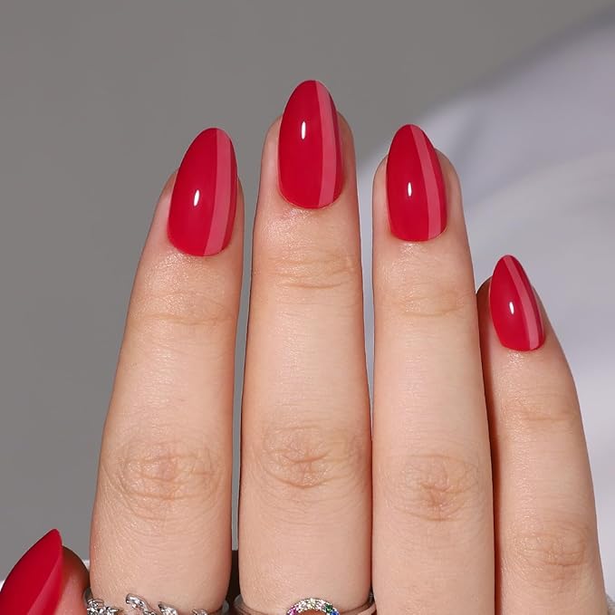 Curvlife Press on Nail, Gel Nail Tips, Red Almond Style Full Cover Design Reusable Fake Nails Kit with Glue and Adhesive Tabs