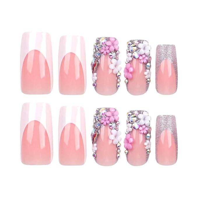 Medium Press on Nails Square - White French Tip Fake Nails with Floral Charms Design - Rhinestone Glitter Full Cover Stick on Nails for Women 24 Pcs