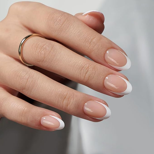 BTArtbox Press On Nails Short - Extra Short Almond French Tip Press On Nails Nude, Fake Nail with Nail Glue, Natural Reusable 32pcs Fake Nails Kit