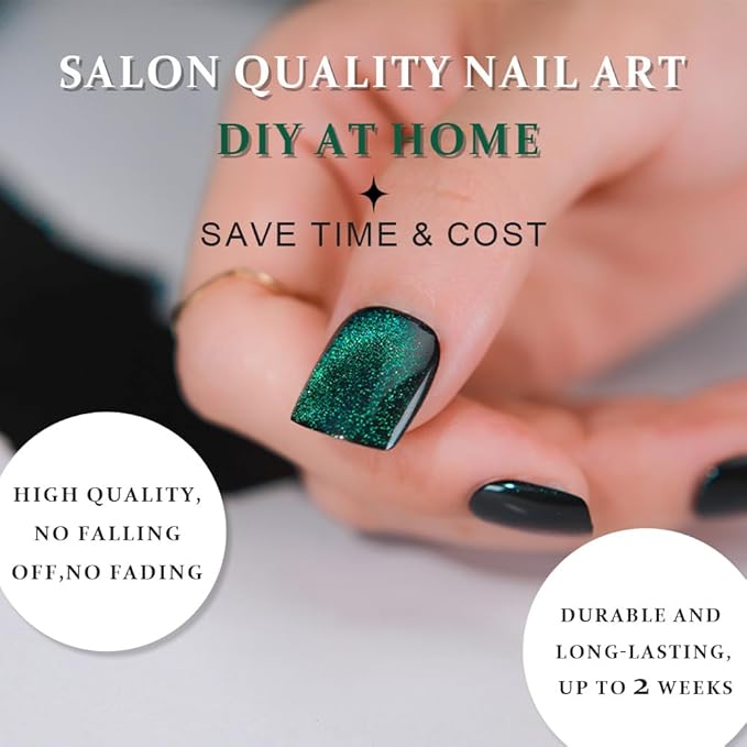 evpct Green Cat Eye Extra Short Press on Nails Square, Petite Short Square Stick on Nails for Women Gift, Emerald Green Metallic Glitter Glossy Reusable Gel Press on Acrylic Fake Nail with Designs