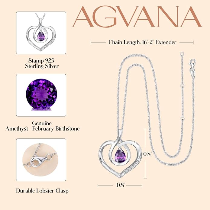 AGVANA Christmas Gifts Heart Birthstone Necklace for Women Sterling Silver Genuine or Created Gemstone Forever Love Pendant Necklace Fine Jewelry Anniversary Birthday Gifts for Women Mom Wife